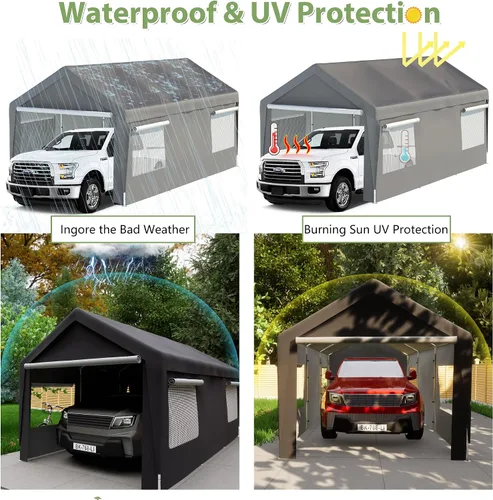 Vista 5 de Thanaddo Cochera de Servicio Pesado de 10 x 20 pies, Toldo para Garaje de Automóvil, con Ventanas Ventiladas Enrollables, Refugio para Automóvil