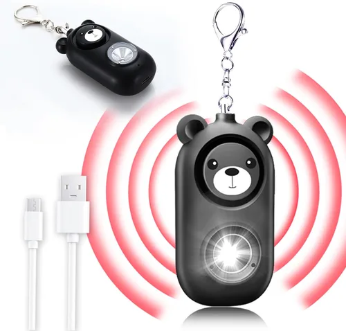 Vista 2 de Llavero de alarma de seguridad personal con luz LED, alerta de emergencia de 130 dB, diseño de oso recargable para mujeres, niños y niñas