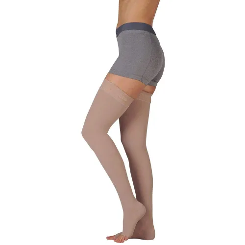 Vista 7 de Juzo Basic 4411 Medias de compresión hasta muslos de 20-30 mmHg, puntera abierta, regular Silicone border, quality medical compression stockings