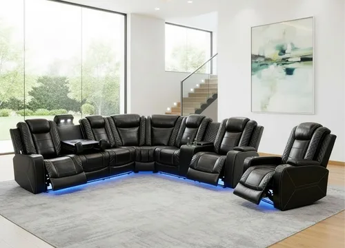 Vista 17 de Sofá seccional reclinable eléctrico con asiento de cine en casa con LED y puerto USB L Shaped Reclining Couch with Reading Lamp, Cup Negro