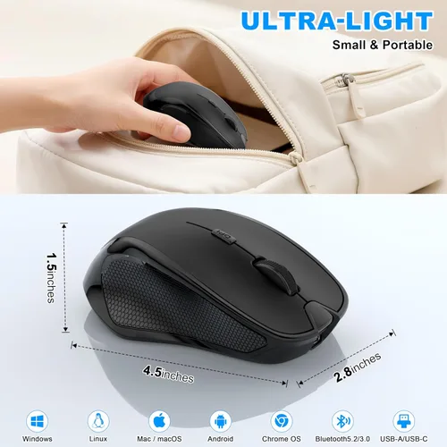 Vista 7 de Ratón inalámbrico Bluetooth para MacBook, laptop, iPad Air/Pro, mouse óptico silencioso recargable con Jiggler, modo dual Bluetooth 5.2/3.0 y 2.4G