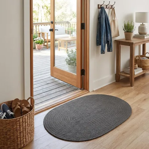 Vista 31 de Super Area Rugs Alfombra trenzada gris pequeña para puerta – Tejido lavable para fregadero de cocina, tapete gris sólido, ovalado, 20 x 30 pulgadas