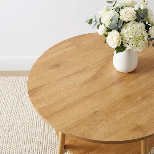 Vista 6 de HIPIHOM Farmhouse Round Oak Dining Table, 31.5 Inch Steel Legs for 2-4