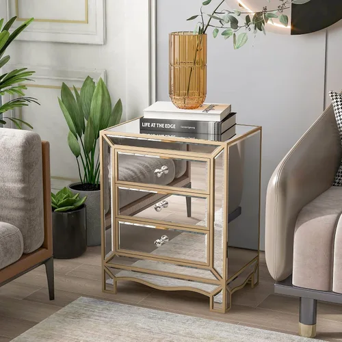 Vista 3 de SSLine Elegante cómoda de 3 cajones con espejo con mango de cristal, moderna mesita de noche color champán para dormitorio, cajón de almacenamiento