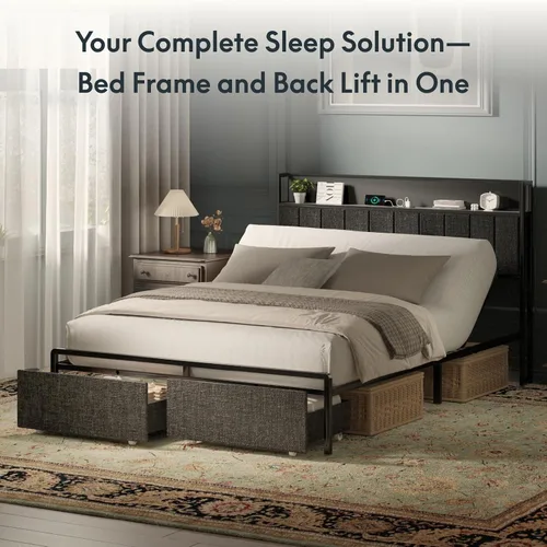 Vista 3 de FLEXISPOT Cama ajustable Queen con cabecera de almacenamiento, estación de carga, inclinación de la cabeza, iluminación LED, cajones