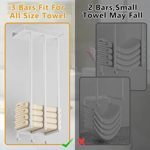 Vista 3 de Ovicar Toalleros para baño – Almacenamiento de toallas enrolladas montadas en la pared con estante de metal y 3 ganchos, 3 barras de pared para baño