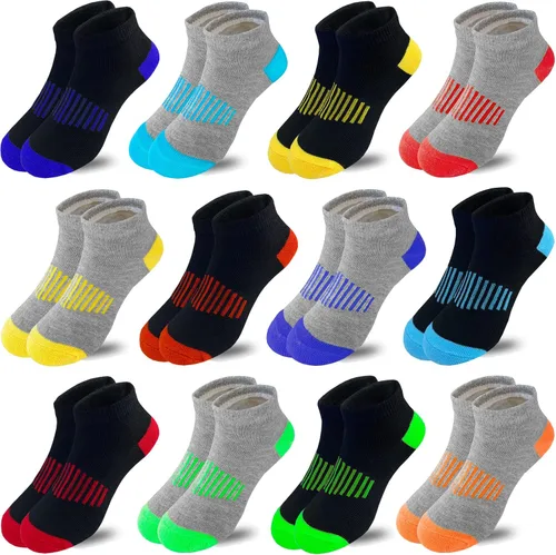 Vista 19 de 12 pares de calcetines de algodón atléticos para niños, calcetines de algodón medio acolchados de corte bajo