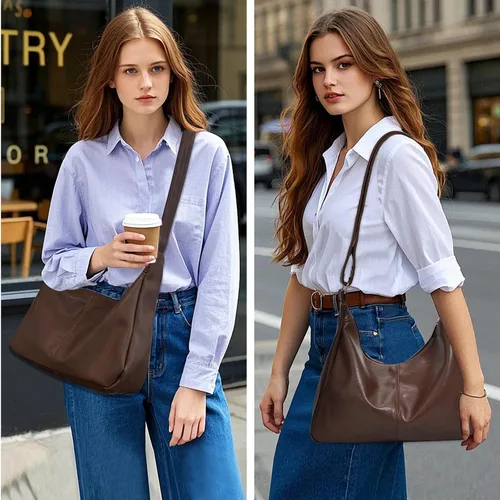 Vista 6 de Bolsos Hobo para mujer, bolsos cruzados de cuero vegano suave, bolso de hombro de cuero bolso de mano holgado