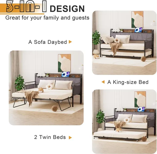 Vista 4 de Sofá cama individual con nido, moderno sofá cama individual, marco de cama de metal resistente con cabecera tapizada para sala de estar, dormitorio