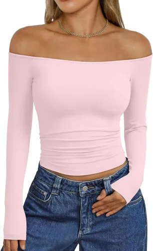 Vista 12 de Trendy Queen Camisetas básicas sexy para mujer con hombros descubiertos Azul