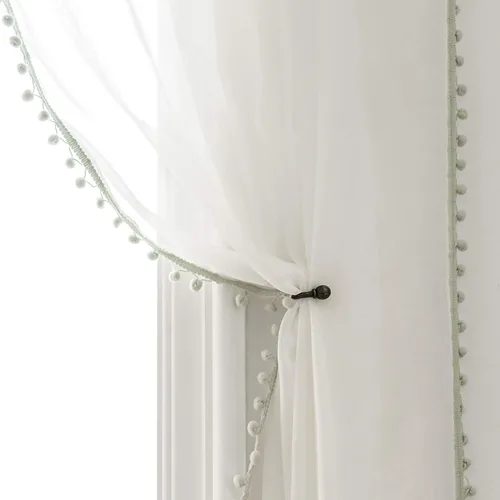Vista 26 de MISS SELECTEX Cortinas semitransparentes con aspecto de lino y borlas de pompones - Cortinas de gasa semitransparentes con bolsillo para varilla