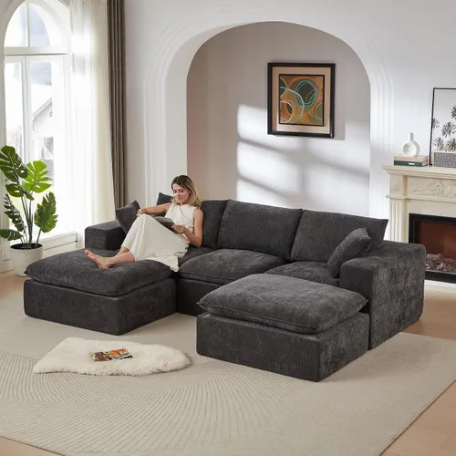 Vista 16 de Cloud - Sofá modular modular - Cómodo sofá de felpilla en forma de L para sala de estar (negro, en forma de L, 2 plazas + 1 otomana)