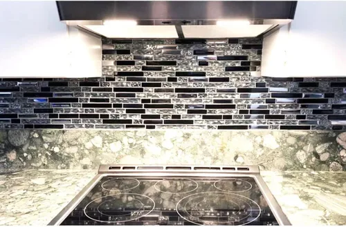 Vista 6 de Blujellyfish Azulejos de Vidrio y Metal Arte Mosaico Seda Negro Cristal Vidrio Cromo Plata Acero Pared de Acento Borde Cocina Baño Backsplash