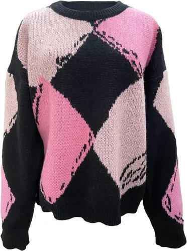 Vista 3 de Suéter de gran tamaño con cuello en V para mujer, moda de otoño, manga larga, abombada, liso, suéter de punto trenzado