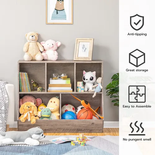 Vista 6 de HOOBRO Estantería para niños, estantería con cabecera, cubo de almacenamiento de juguetes, estantería para juguetes de niños, gabinete