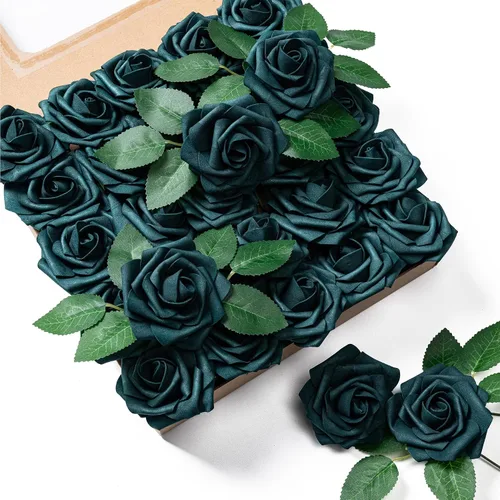 Vista 21 de Aegero Flores artificiales, 25 rosas falsas de espuma con tallos para ramos de boda, centros de mesa de despedida de soltera, arreglos, mesas