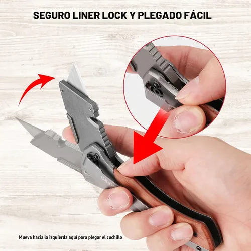 Vista 6 de WORKPRO Cuchillo utilitario plegable, cuchillo de afeitar con mango de madera Quick-Change Box Cutter with Stainless Steel Head, Liner Lock and