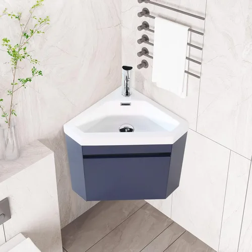 Vista 2 de Juego de tocador de baño de esquina flotante de 22 pulgadas para espacio pequeño montado en la pared, diseño de resina para lavabo, grifo cromado