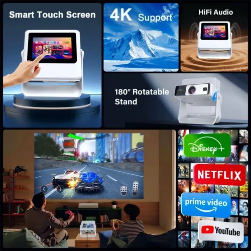 Vista 3 de Proyector con soporte 4K con WiFi y Bluetooth, Proyector inteligente portátil al aire con pantalla táctil, enfoque automático y control táctil