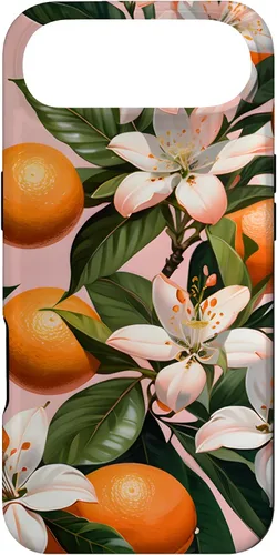 Vista 27 de Carcasa para iPhone 17 con diseño de flores de naranja sobre fondo rosa