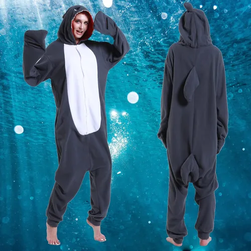 Vista 6 de Pijama de tiburón para adultos, disfraz de cosplay de tiburón, de una pieza, ropa de dormir de caricatura, mameluco de tiburón para mujeres y hombres