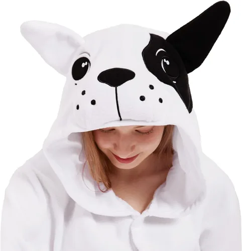 Vista 5 de dressfan Disfraz unisex de bulldog de animales con capucha, disfraz de Halloween, cosplay, pijamas de Navidad para adultos, adolescentes y niños