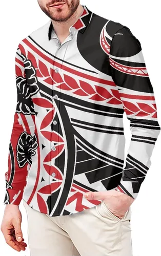 Vista 18 de Camisas polinesias para hombre con patrones de hojas tropicales polinesias, camisa hawaiana de manga larga para hombre, ropa de vacaciones de otoño