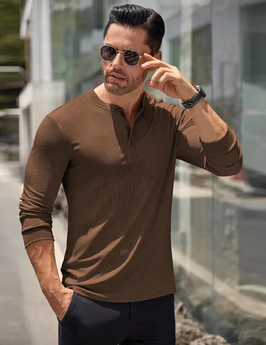 Vista 82 de COOFANDY Camisas Henley de manga larga para hombre, camisetas elásticas acanaladas, camisetas básicas casuales de moda