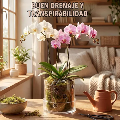 Vista 6 de Maceta de orquídea acrílica transparente de 4 pulgadas con agujeros redondos de 360° y bandeja
