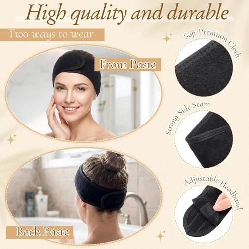 Vista 3 de Tigeen 80 diademas faciales de spa ajustables a granel, para mujeres, niñas, adultos, cuidado de la piel, maquillaje, ducha, lavado de cara (negro)