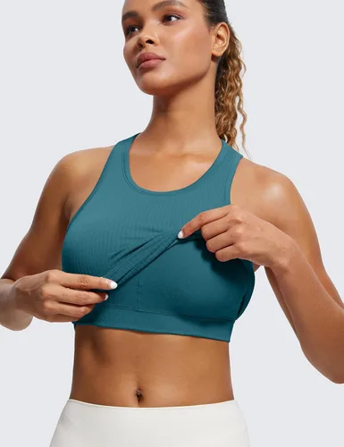 Vista 3 de CRZ YOGA Brasier deportivo de cuello alto acanalado sin costuras para mujer, espalda cruzada, acolchado, ajustado, con brasier integrado