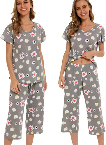 Vista 2 de ENJOYNIGHT Conjunto de pijama para mujer, ropa de dormir de algodón con pantalones capri, lindos pijamas