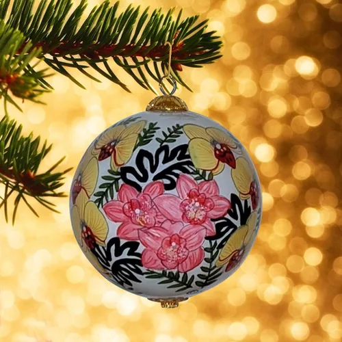 Vista 8 de Adorno navideño de orquídeas pintado a mano, bola navideña floral tropical, orquídeas amarillas y rosas, adorno de cristal coleccionable con caja