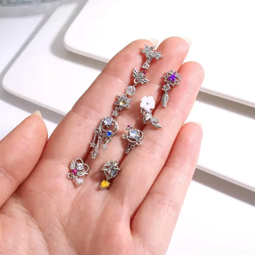 Vista 5 de Dochias - 9 aretes colgantes de nariz de 20 G para mujer, de acero inoxidable, en forma de L, corazón, flecha, plumas, copo de nieve, ala de copo