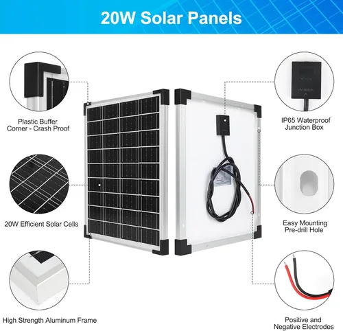 Vista 5 de Panel solar de 20W 12V monocristalino, kit de panel solar impermeable con controlador de carga de 10A para RV, remolque, auto, techo, granja