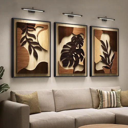 Vista 10 de Arte de pared de madera 3D con textura bohemia 3D para dormitorio, 3 piezas de arte de madera tallada botánica tropical para paredes, hoja de Marrón