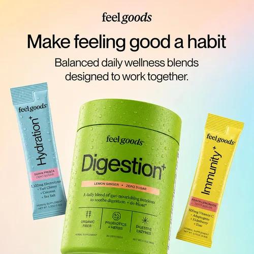 Vista 7 de Feel Goods Digestion+, salud intestinal, mezcla de fibra orgánica y probióticos, enzimas digestivas para alivio de la hinchazón, limpieza intestinal