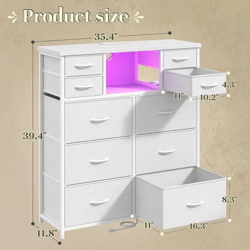 Vista 3 de DurayLoly Cómoda blanca para dormitorio con estación de carga y LED, 10 Blanco