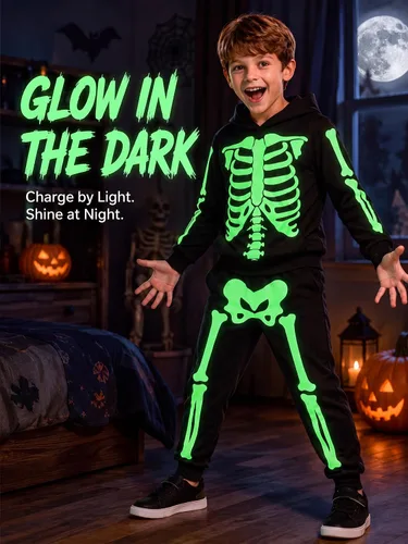 Vista 2 de uideazone Boys Halloween Skeleton Hoodie Pants Set Glow in the Dark 5-12Y
