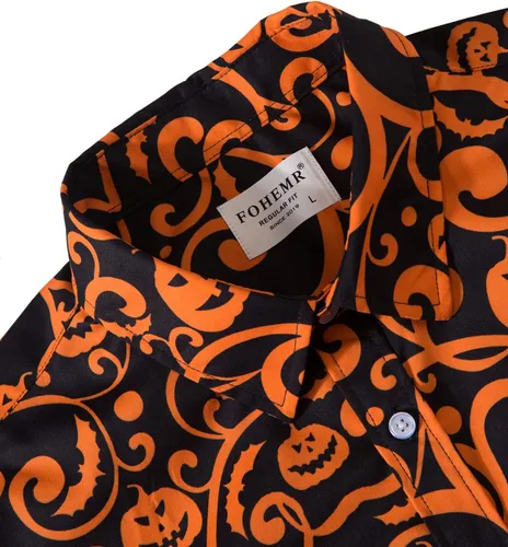 Vista 3 de fohemr Camisa divertida de Halloween para hombre, diseño de calabaza fea, manga larga, casual, con botones, disfraz de adulto para fiesta