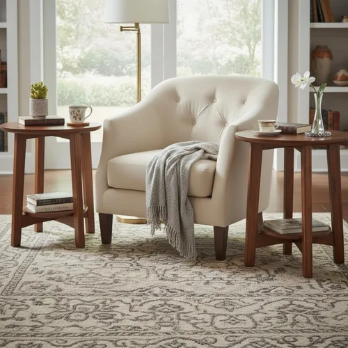 Vista 2 de Alaterre Furniture Monterey - Juego de 2 mesas auxiliares redondas con estante de almacenamiento, mesita de noche moderna de mediados de siglo