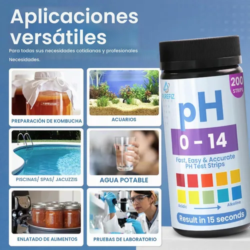 Vista 3 de Tiras de prueba de pH 0-14 200 tiras universales para pruebas de pH rápidas y precisas Papel de tornasol para agua, piscinas, kombucha