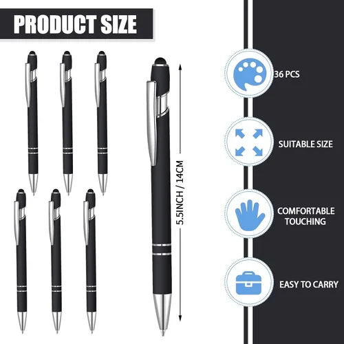 Vista 2 de 36 bolígrafos de tinta azul con lápiz capacitivo 2 en 1 para pantallas táctiles, colegio, oficina, compañeros de trabajo (negro)