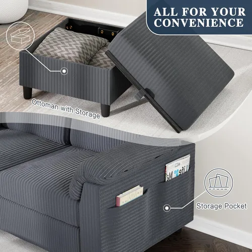 Vista 3 de Sofás seccionales para sala de estar, sofá en forma de L con bolsillo lateral de almacenamiento, cómodos sofás de 3 asientos para apartamento, gris
