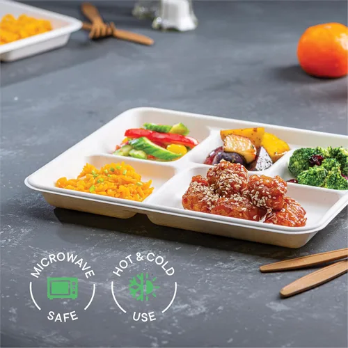 Vista 5 de Plato de papel 100% compostable, paquete de 125 unidades bandeja de 5 compartimientos desechable de calidad resistente, ecológica hecha de fibras