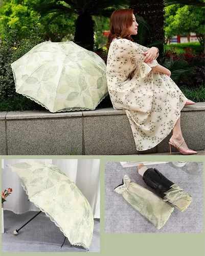Vista 6 de URAWESO Parasol bordado encaje protección UV hoja impresa paraguas plegable para playa, viajes, boda, fiesta, decoración sesión de fotos