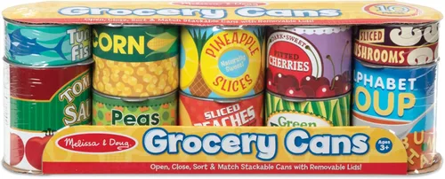 Vista 6 de Melissa & Doug, ¡Juguemos a la casa! Accesorios de cocina, Latas de comida, 10 latas apilables con tapas extraíbles Latas de comestibles