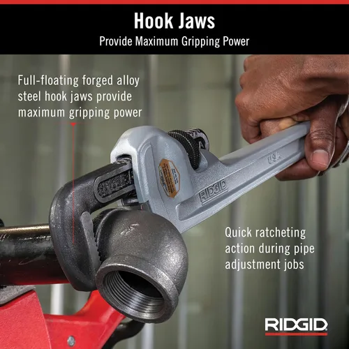 Vista 6 de RIDGID 31090 Llave de tubo recto de aluminio, llave de fontanería resistente de 10 pulgadas con hilos autolimpiantes y mordazas de gancho
