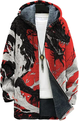 Vista 3 de Mens Hooded Cardigan Japanese Art Zip Up Long Sleeve Sweater Hoodie Dragon Print Coat with Pockets