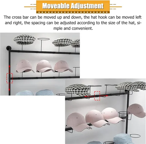 Vista 3 de LZMZMQ Estante de metal para sombreros de pared, torre de exhibición de 4 niveles para peluca/gorra, con ganchos móviles para sombreros, 39.3 Blanco